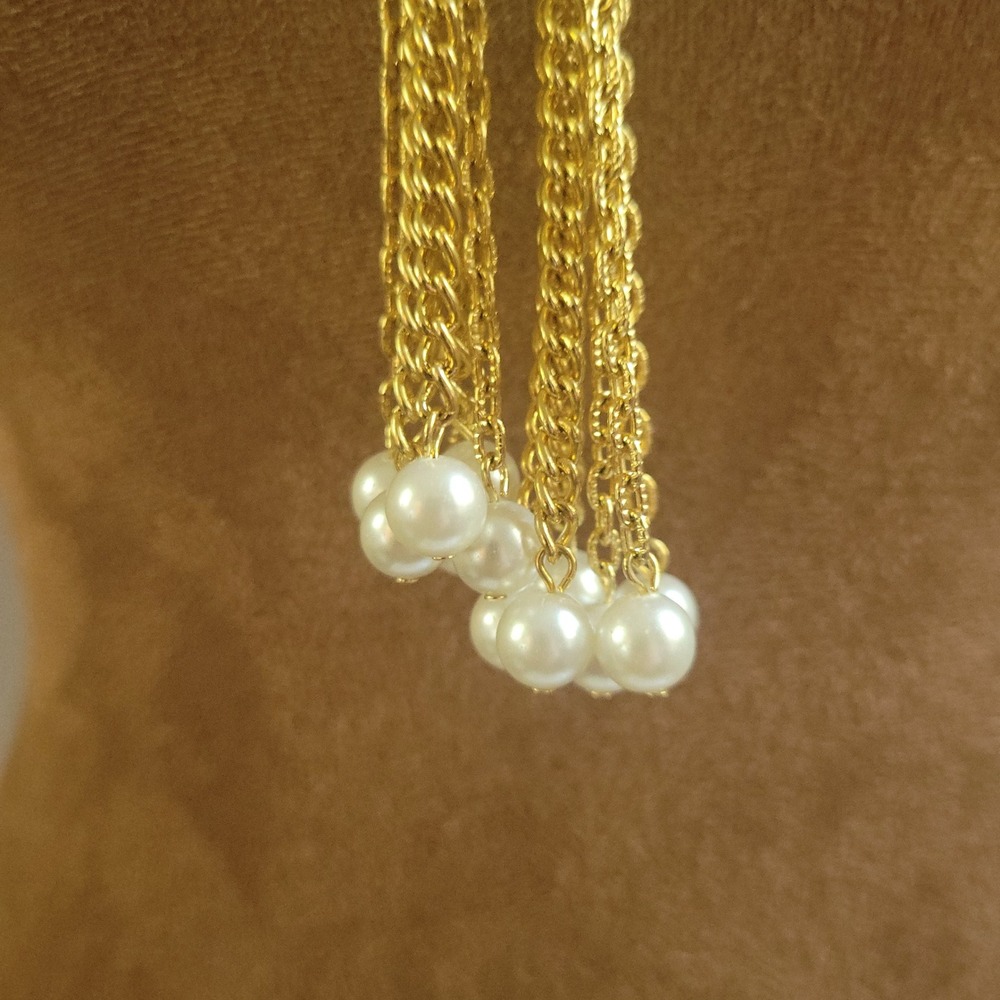 Vintage Gold Tone Faux Pearl Tassel Long Rope Chain Necklace 24" Victorian - Picture 5 of 6